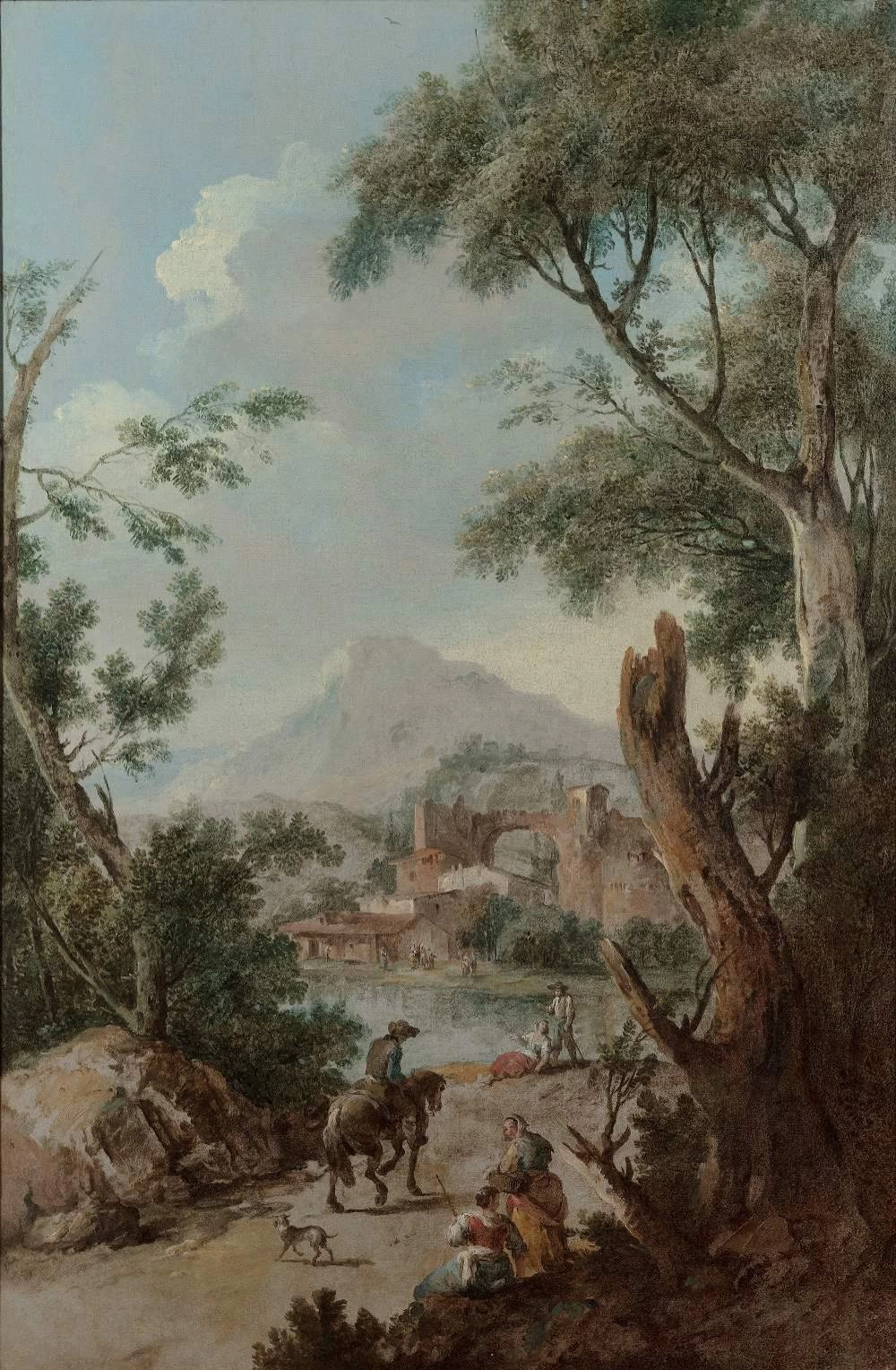 Paesaggio fluviale all'italiana con figure su un sentiero in primo piano e montagne sullo sfondo